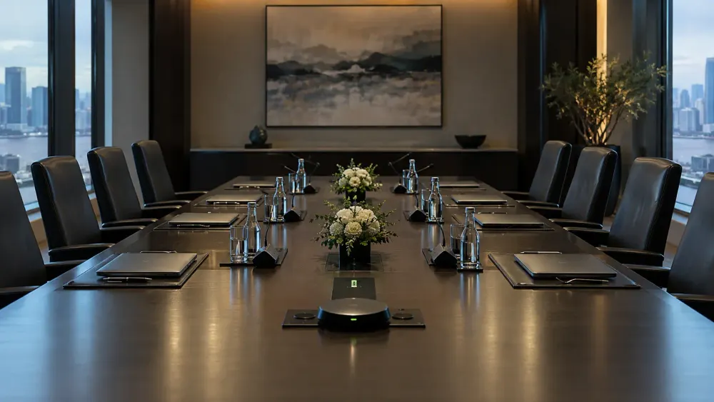 Secure diplomatic conference room prepared for technology discussions