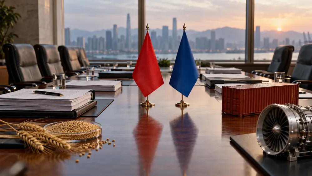 Empty international trade negotiation table with abstract red and blue desk flags, wheat, a cargo container and an aircraft component