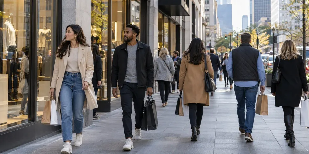 Shoppers walk through a modern American retail district in natural morning light.