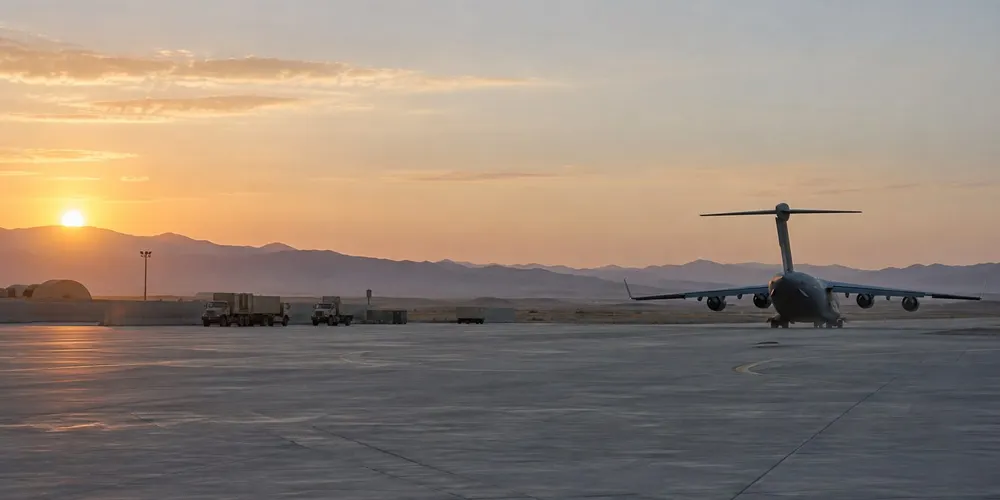 A military transport aircraft on a quiet air base apron at dawn, representing the completed U.S. troop withdrawal from Iraq