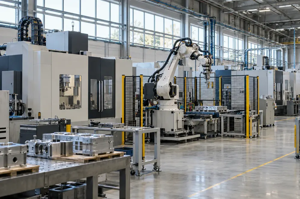 An unbranded advanced-manufacturing floor with computer-controlled machinery and industrial equipment.