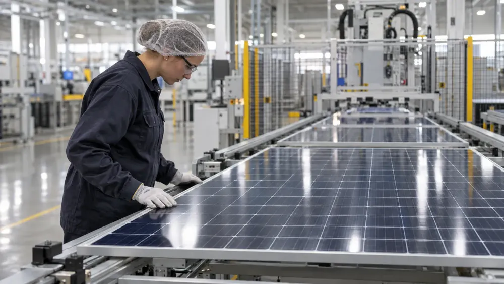 A technician inspects an unbranded solar panel on a modern factory production line.