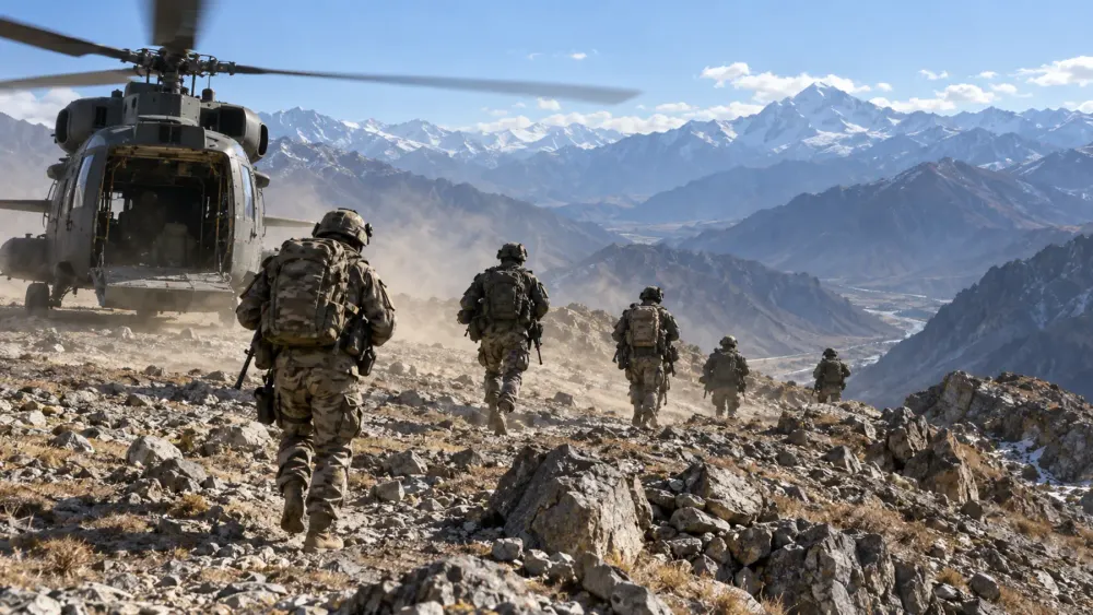 Unidentified soldiers move away from a transport helicopter during a high-altitude training exercise.