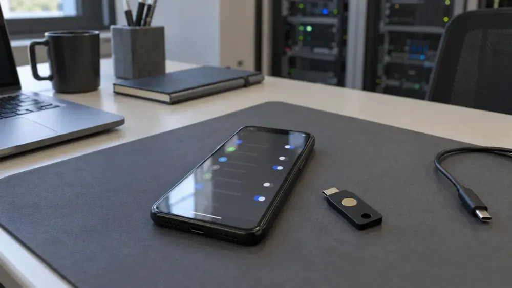 Unbranded smartphone displaying abstract settings beside a security key in a neutral equipment workspace