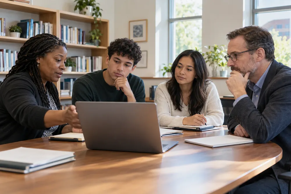 Higher-education advisers and students discussing college outcomes around a laptop in a sunlit campus office
