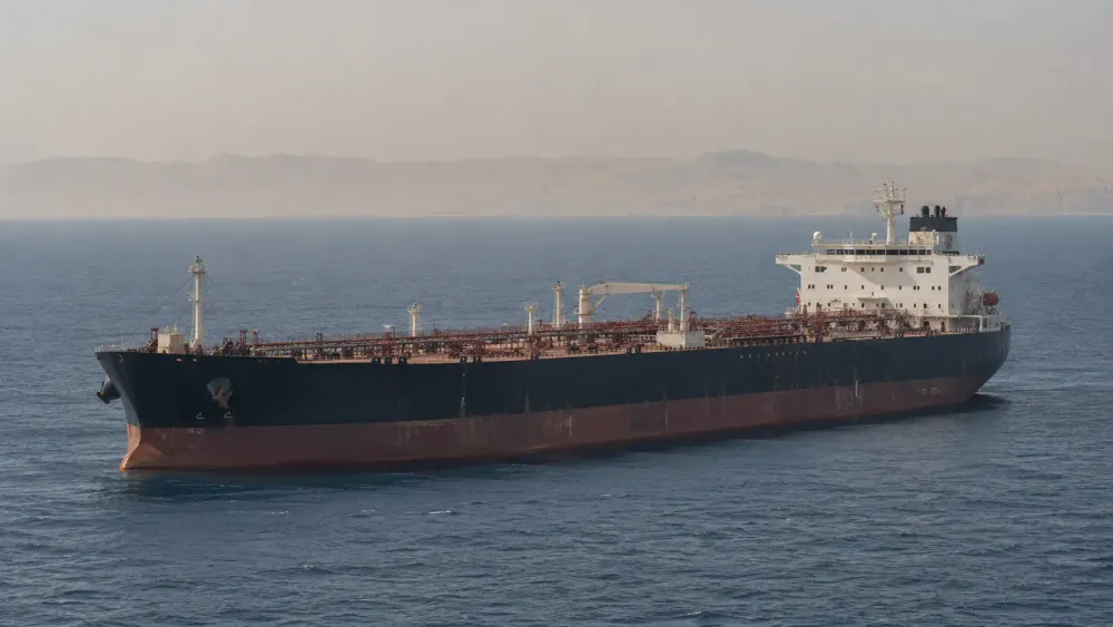An unbranded crude oil tanker sits offshore in hazy daylight near the Strait of Hormuz.