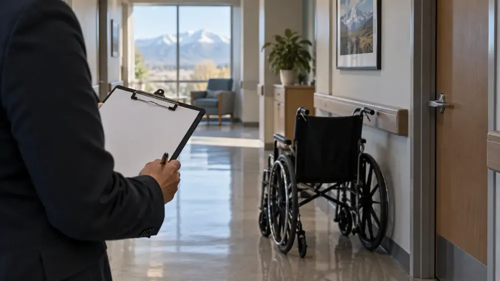 Illustrative long-term-care inspection with a blank clipboard and an empty wheelchair in a Utah facility corridor.