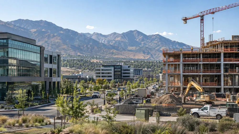 Modern offices and an active construction site beneath mountain foothills in Utah