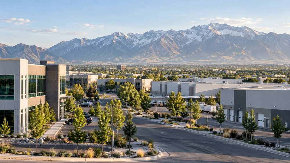 A generic Utah office and light-industrial district beneath the Wasatch Mountains in morning light.