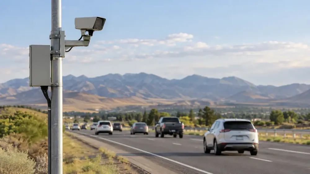 Unbranded roadside camera beside traffic in a high-desert mountain valley