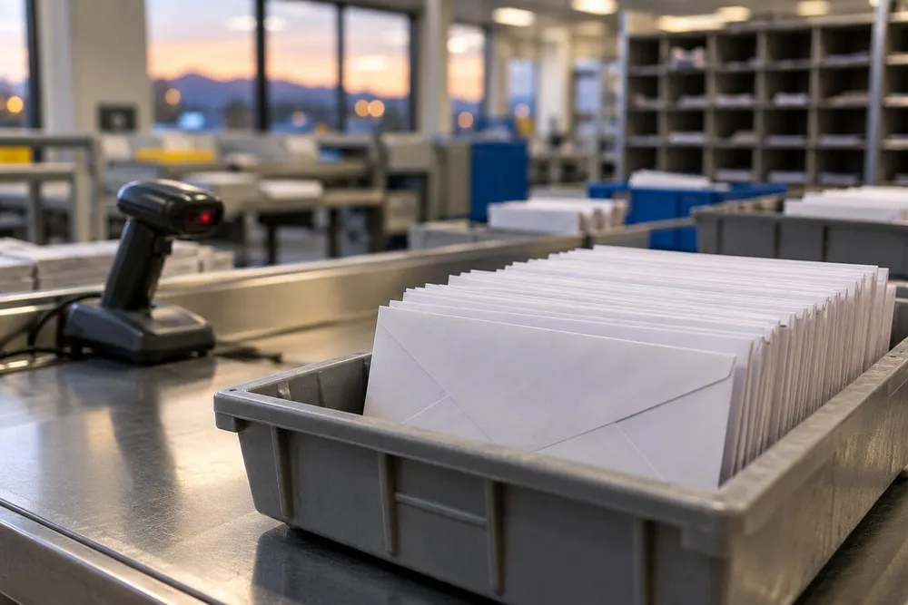 Sealed ballot envelopes in a postal sorting tray under neutral indoor light