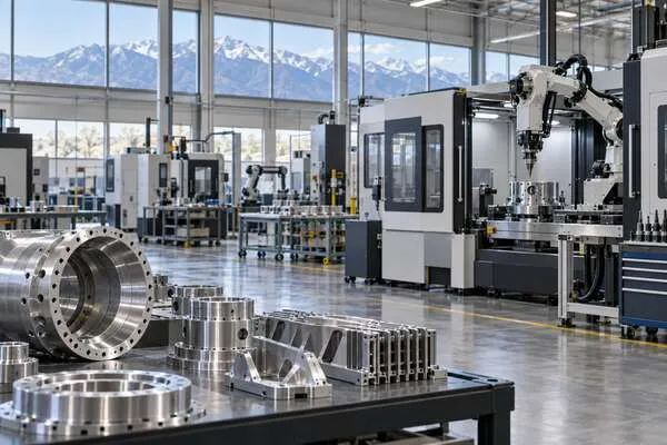 A clean precision-manufacturing floor with metal aerospace components, robotic machinery and Utah mountains beyond the windows.