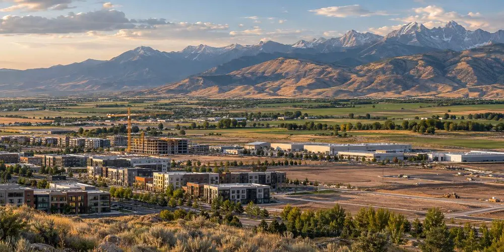 An illustrative Utah landscape where mixed-use construction and light industry transition into farmland beneath distant mountains.