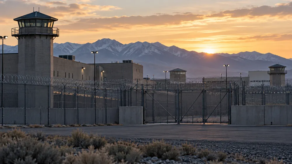 Conceptual view of a closed correctional facility gate at dawn with Utah mountains in the distance.