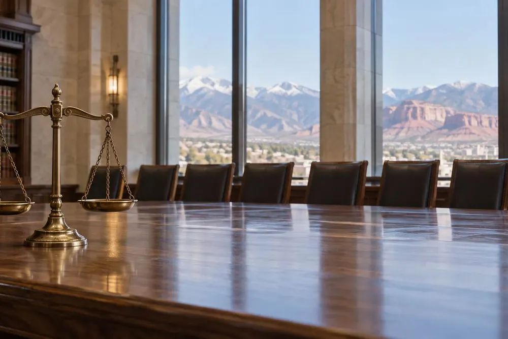 Balanced brass scales of justice on a polished table in a generic courthouse room overlooking Utah mountains