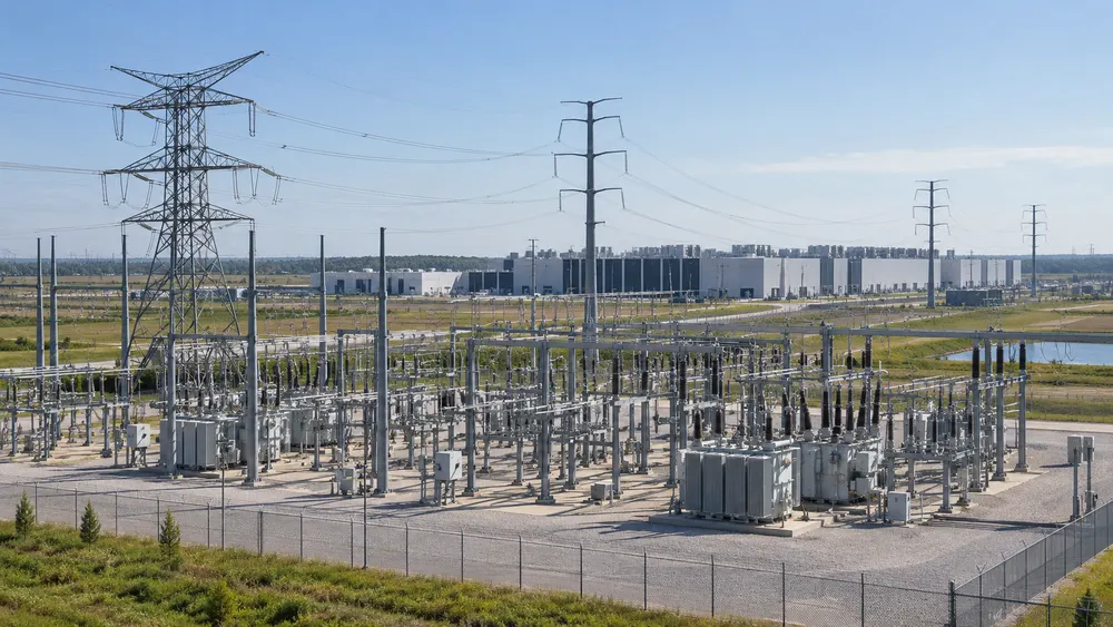 Electrical substation and transmission lines in front of a large data-center campus.