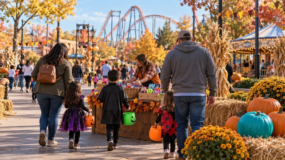 Illustrative family-friendly autumn amusement park midway with orange and teal pumpkins, a treat station and a distant roller-coaster silhouette.