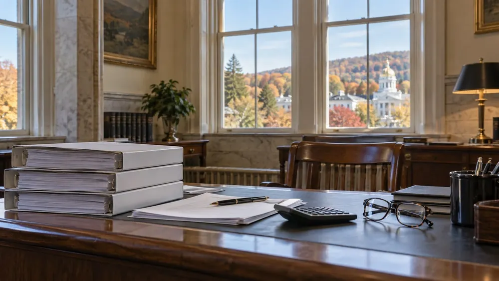 Budget binders, a calculator and reading glasses on a desk in a Vermont-style government office.