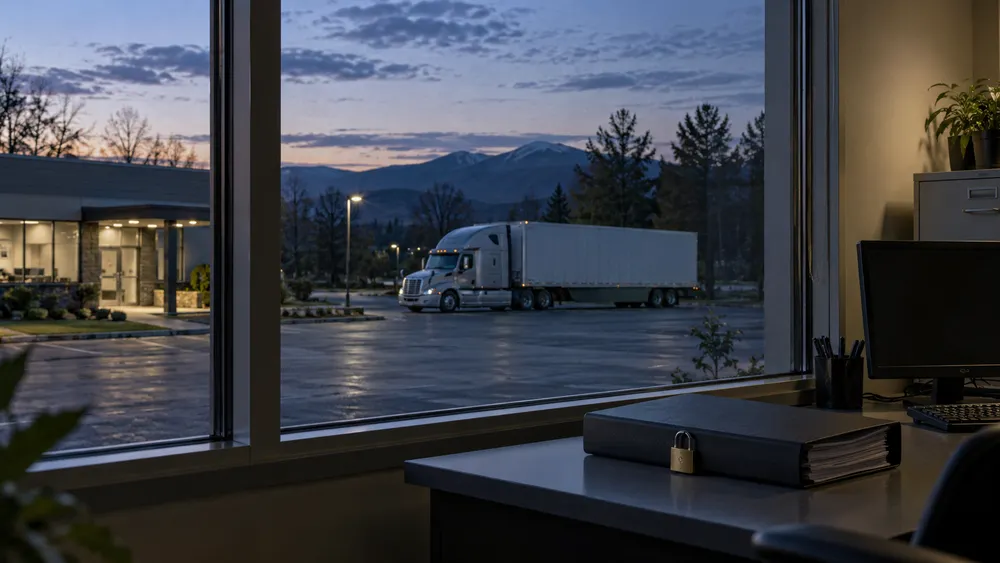 A generic semi-truck outside a quiet Vermont motor-vehicle office at blue hour, illustrating commercial licensing and data privacy.