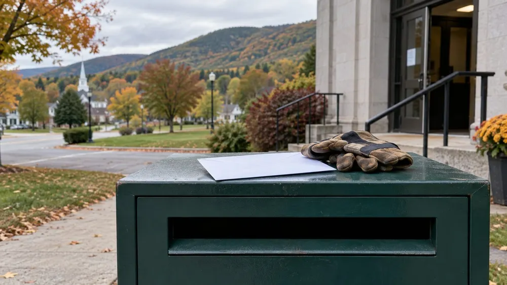 Work gloves and a blank ballot envelope rest on a drop box outside a Vermont civic building in autumn.