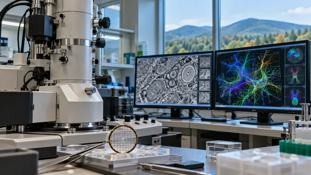 Electron microscope and neural imaging displays in an advanced university laboratory overlooking Vermont mountains.