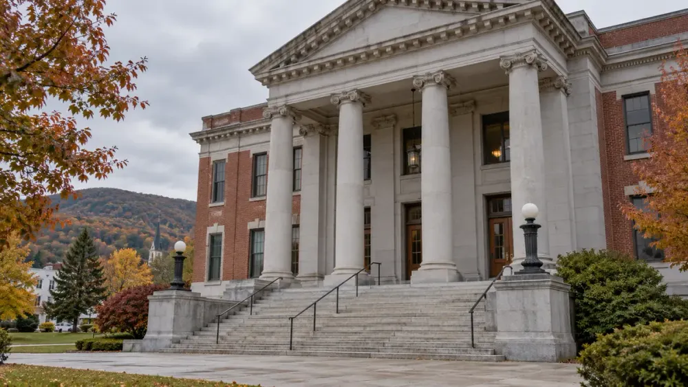 Illustration of a generic Vermont courthouse exterior in autumn under an overcast sky
