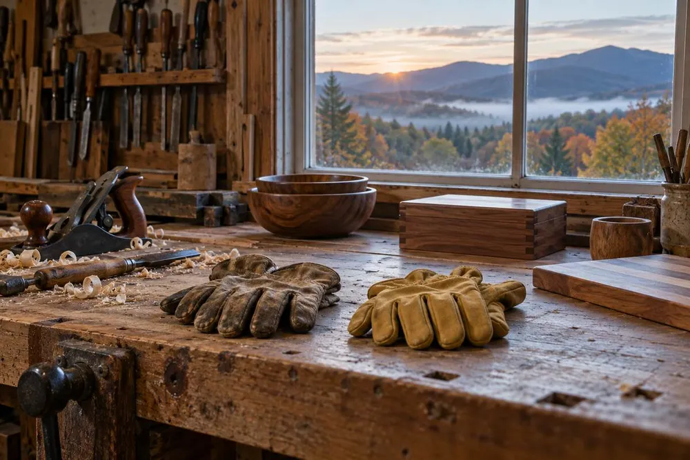 A woodworking bench with two pairs of gloves overlooking Vermont mountains in autumn.
