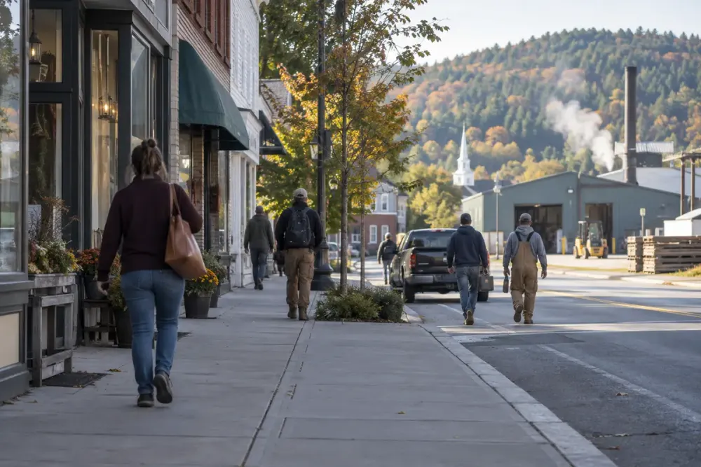 Workers walking through a small Vermont town business district on an autumn morning