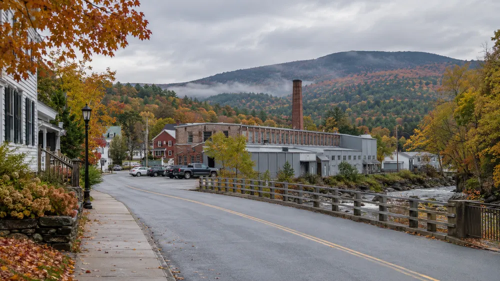 Early autumn streetscape near a small manufacturing building in Vermont
