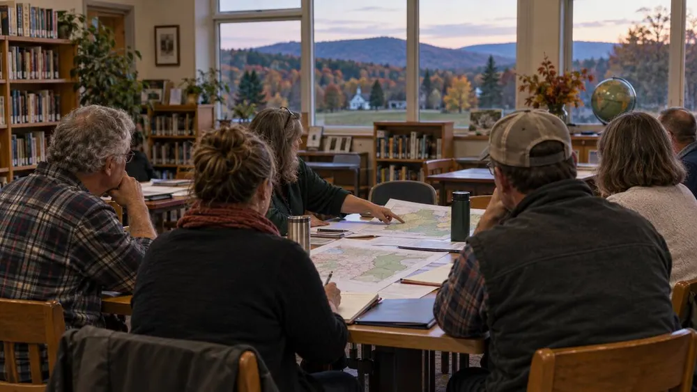 Residents and school board volunteers discuss district maps in a rural Vermont school meeting room.