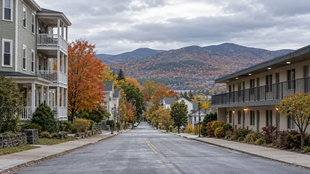 Generic Vermont town street in autumn with apartment buildings, modest lodging and wooded mountains