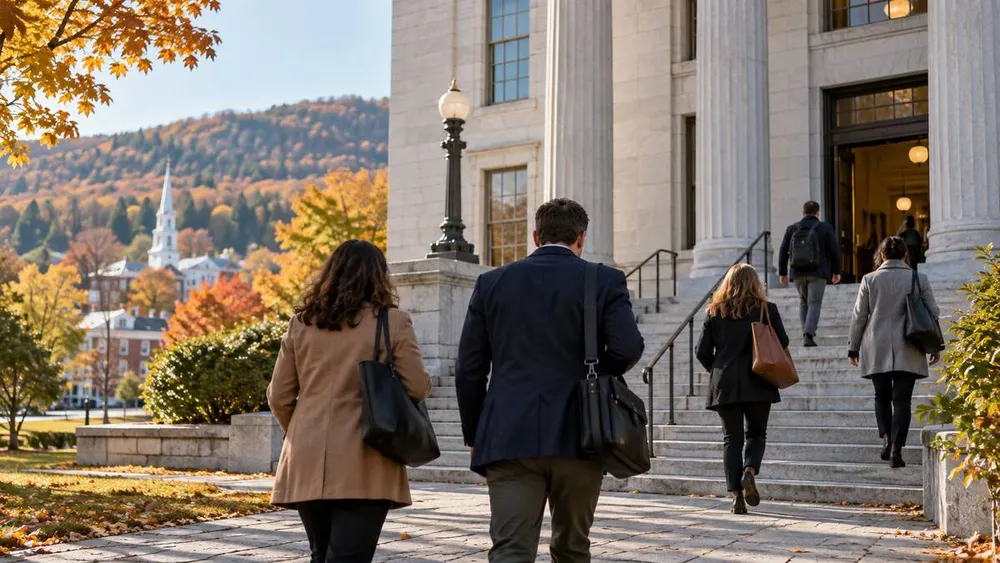Anonymous office workers walk toward a generic government building in Vermont during early autumn.