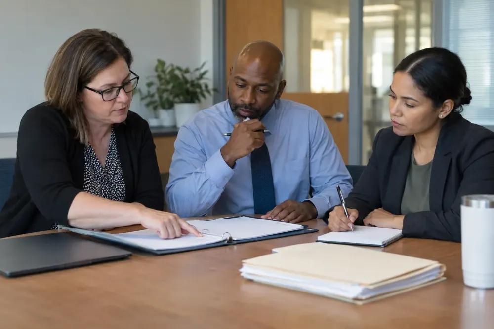 School administrators review anonymous compliance records in a conference room