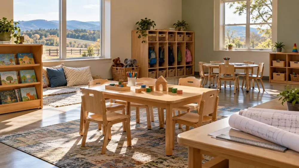 An empty child-care classroom in rural Virginia with small tables, books, toys and rolled construction plans.