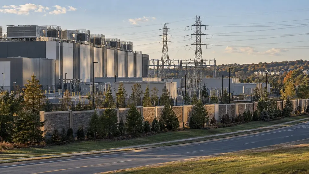 A large data center campus, electrical substation and transmission lines stand near a Virginia residential area.