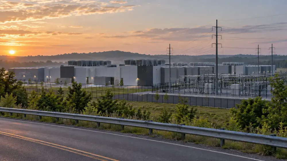 Illustration of a modern Virginia data center campus and electrical substation viewed from a roadside at dawn