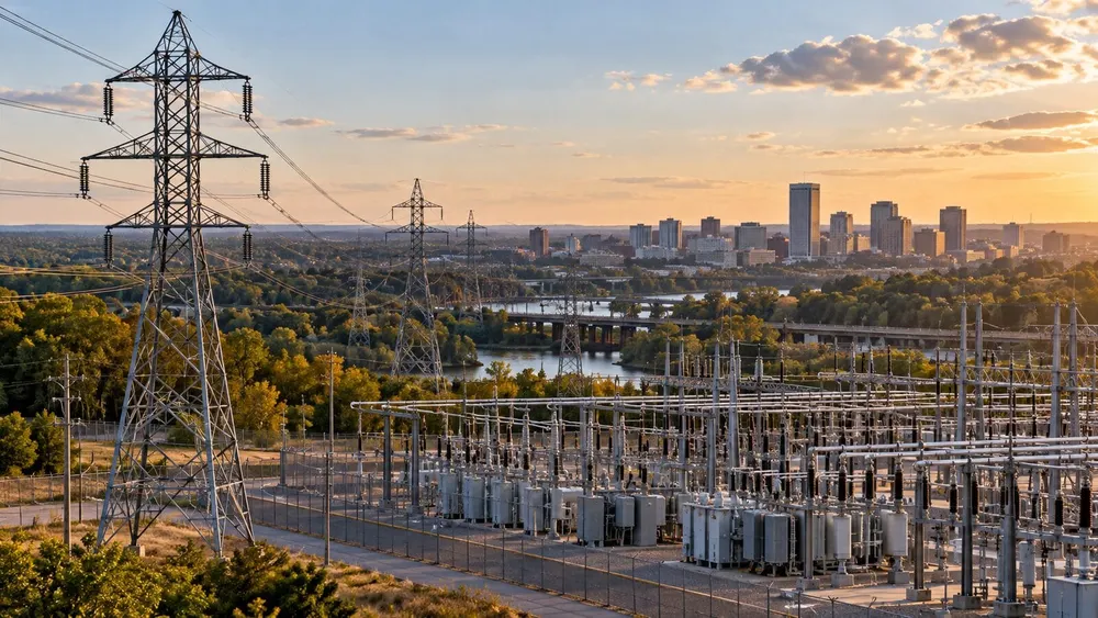 Editorial illustration of Virginia transmission lines and an electrical substation with the Richmond skyline in the distance.