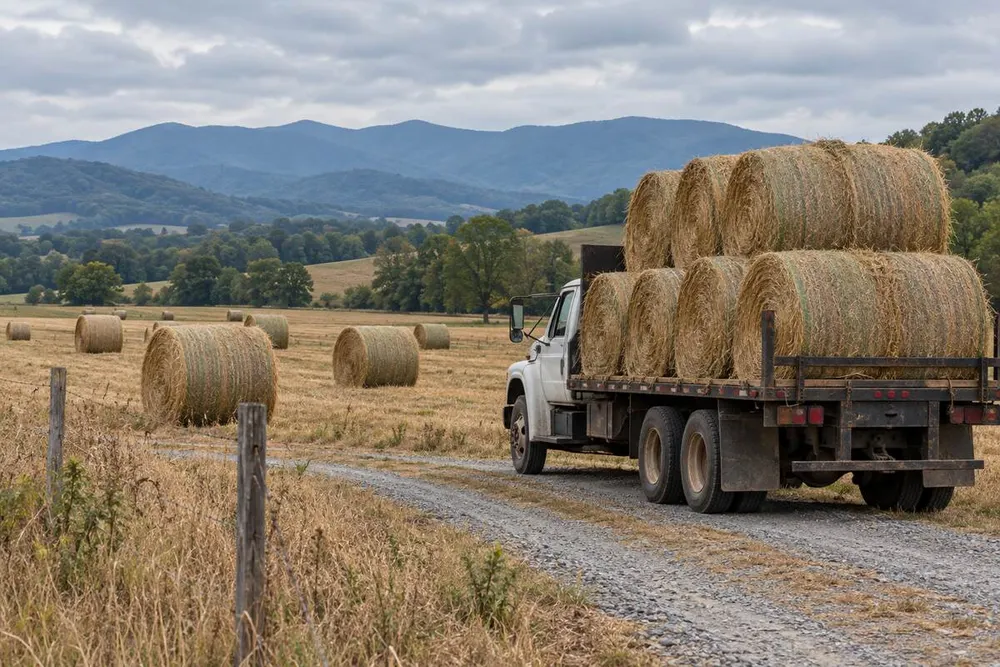 A flatbed truck carrying round hay bales across a dry Virginia farm beneath the Blue Ridge.