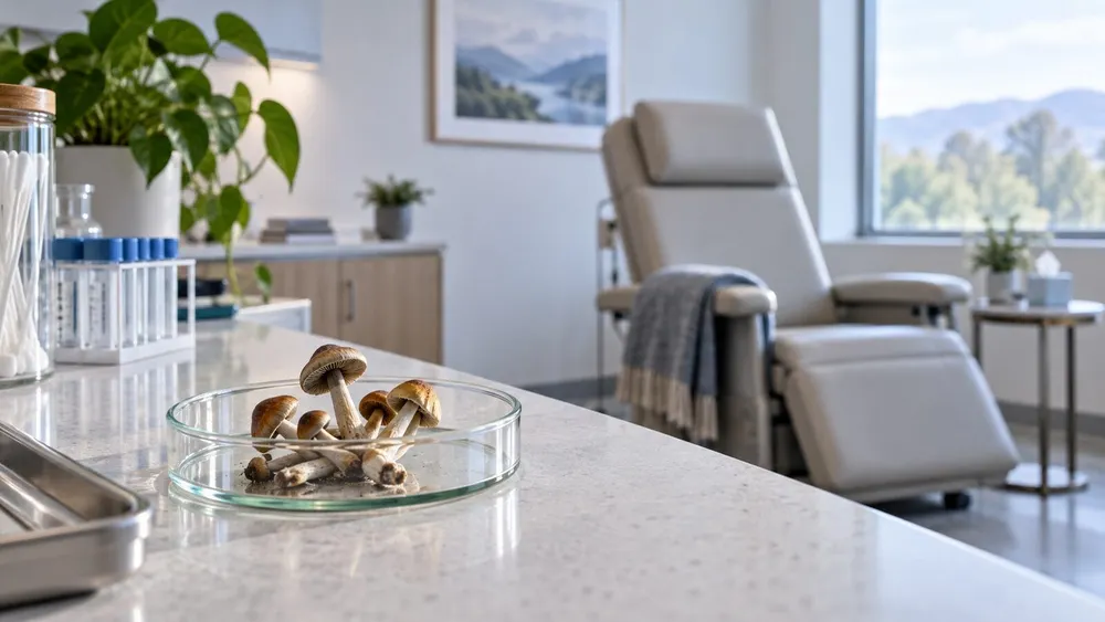 Unbranded clinical consultation room with a mushroom specimen dish on a laboratory counter