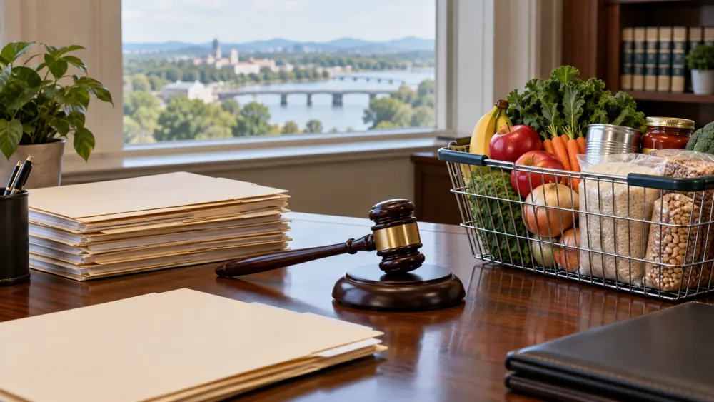 Judicial gavel, blank case files and a basket of groceries on a Virginia government office desk.