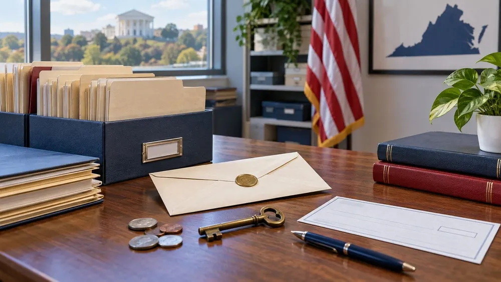 Editorial still life of organized records, a sealed envelope, coins and an old key in a Virginia office setting