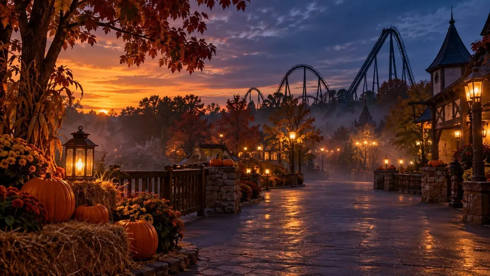Generic autumn amusement park walkway at dusk with pumpkins, warm lanterns and roller coaster silhouettes