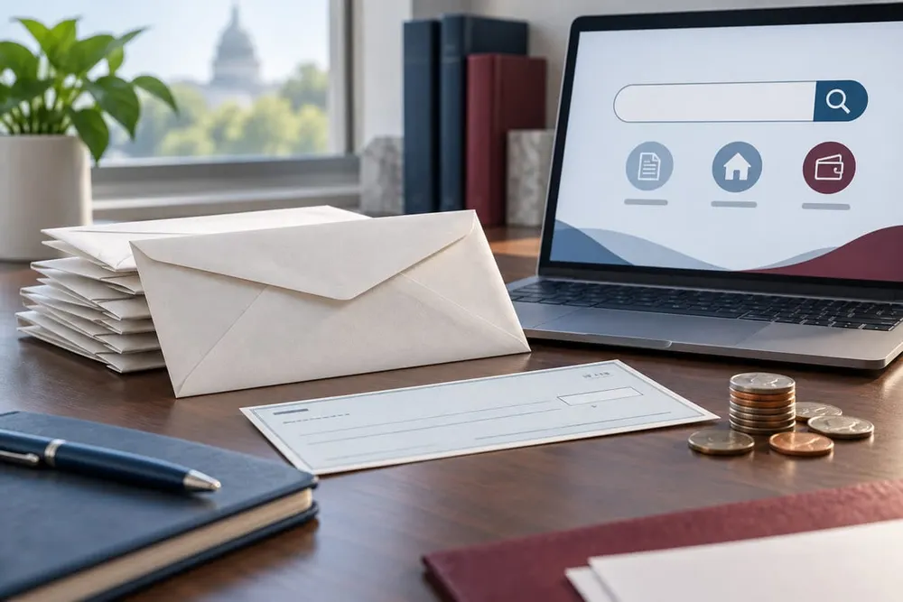 Editorial illustration of plain envelopes, a generic check, coins and an online property-search screen on an office desk.