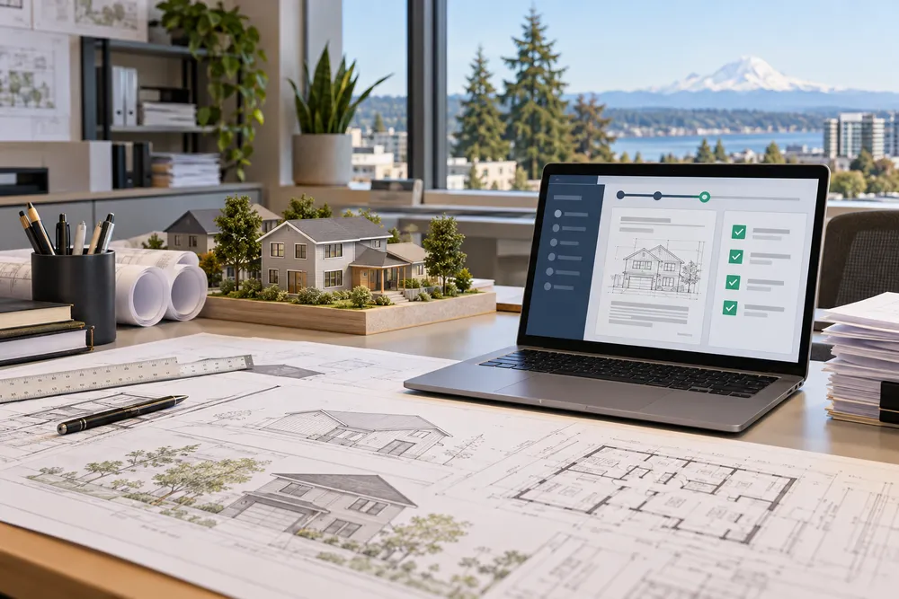 Architectural plans, a housing model and a digital permit-review screen in a Pacific Northwest planning office.