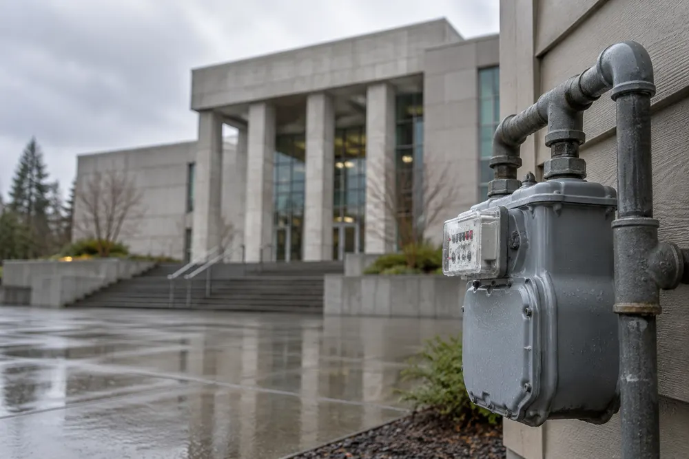 Natural gas meter outside an anonymous Pacific Northwest courthouse under overcast skies.