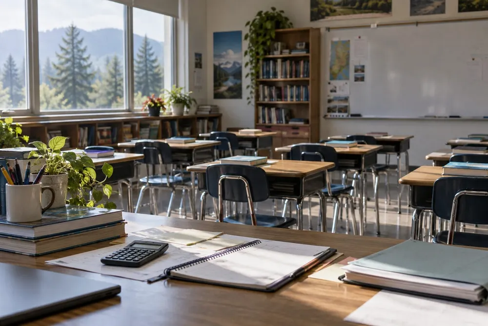 Empty public-school classroom with desks, textbooks and an indistinct budget worksheet