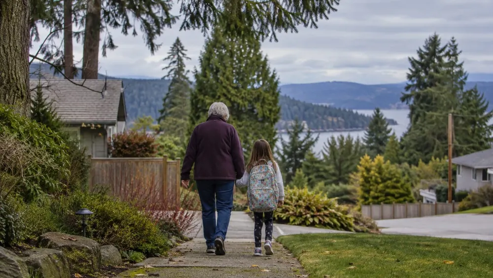 An older caregiver and a child walk together through a Pacific Northwest neighborhood.