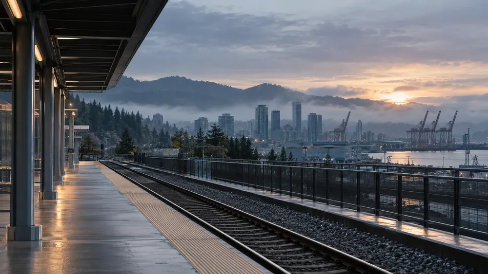 Empty Pacific Northwest commuter rail platform overlooking a generic port city and misty evergreen hills at dawn.