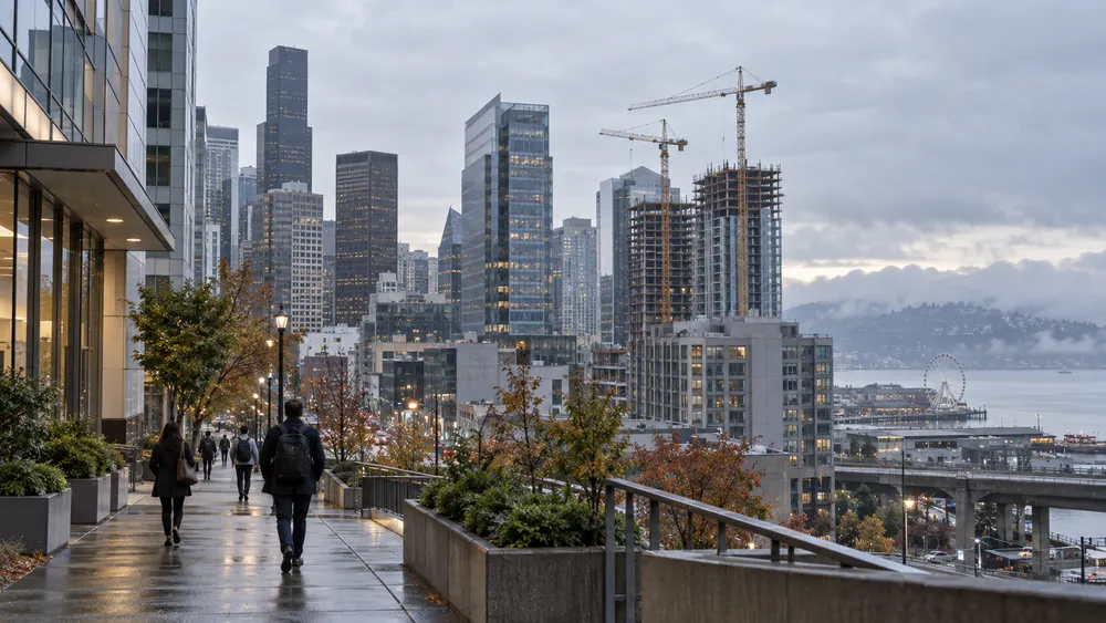 A Pacific Northwest downtown business district with office buildings, construction cranes and distant commuters under overcast skies.