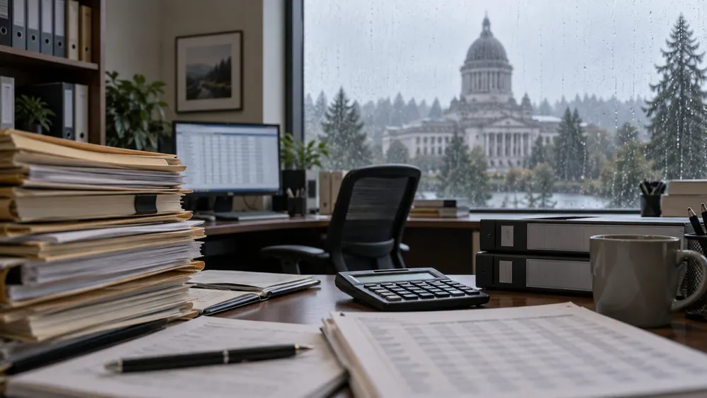 Government budget office with legal files and a calculator overlooking Washington’s Capitol on a rainy day